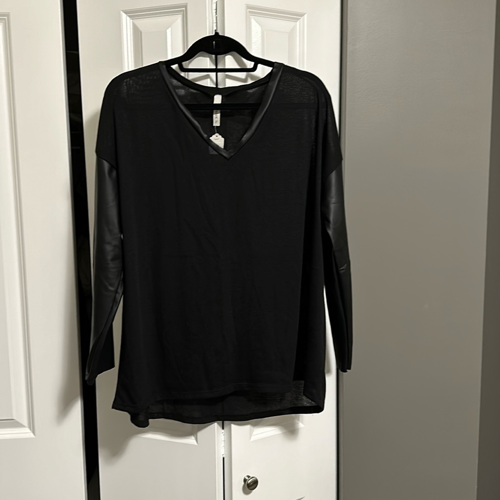Black sweater with faux long sleeve leather arms- new with tags